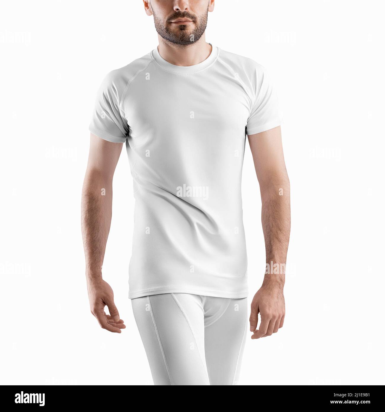 Mockup of sports compression pants and t-shirt on a man. Template of sportswear isolated on background for design presentation. Stock Photo