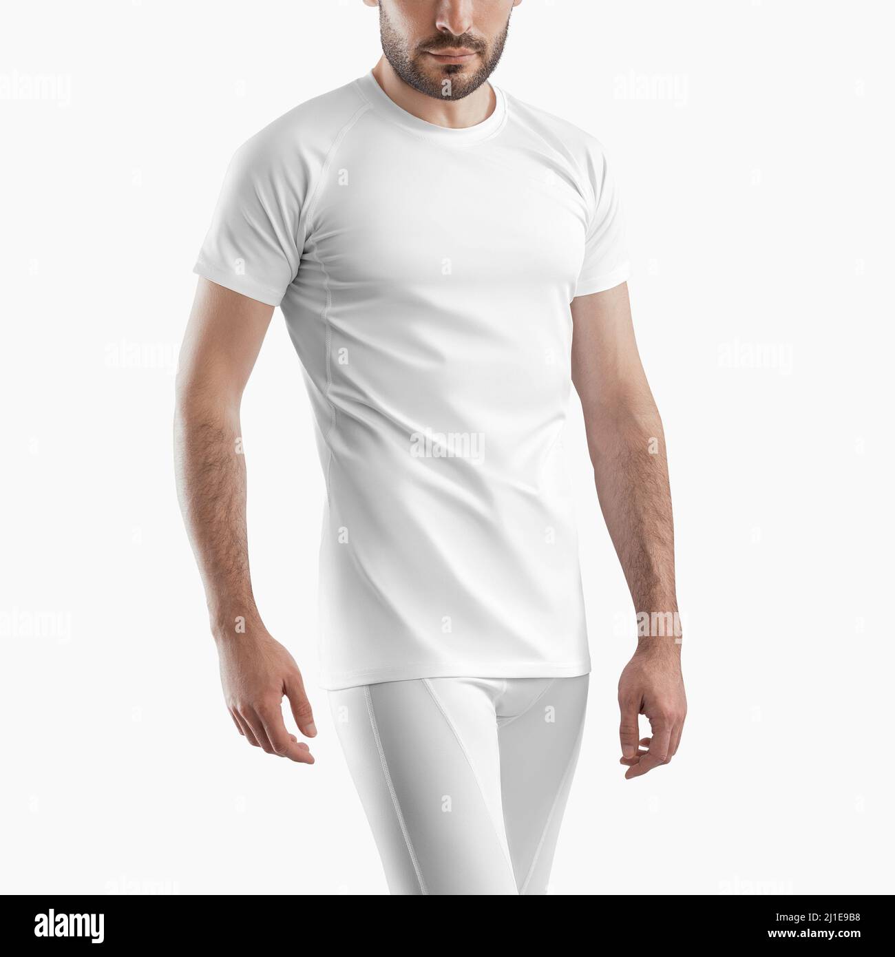 Mockup of sports compression pants and t-shirt on a man for design presentation. Template of sportswear isolated on background. Stock Photo