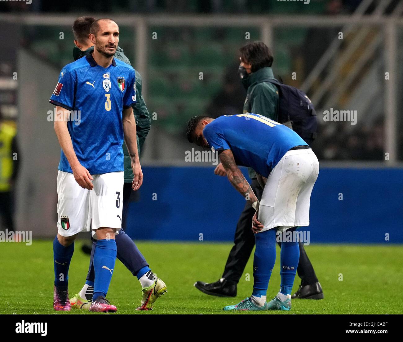 PALERMO, ITALY - MARCH 24: Emerson Palmieri and Giorgio Chiellini of Italy Disappointed for the defeat ,during the 2022 FIFA World Cup Qualifier knockout round play-off match between Italy and North Macedonia at Stadio Renzo Barbera on March 24, 2022 in Palermo, . (Photo by MB Media) Stock Photo