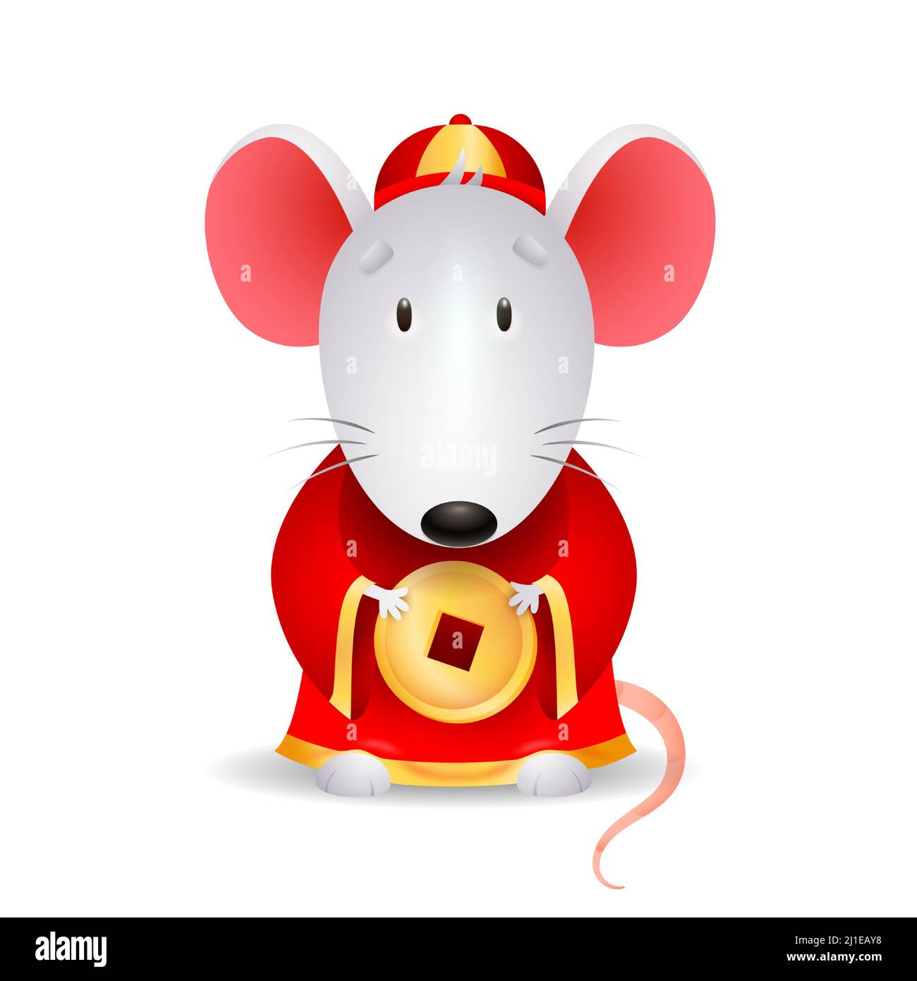 Gray mouse with Chinese coin. Cute rodent mascot in red dress. Can be used for topics like cartoon character, luck, money Stock Vector