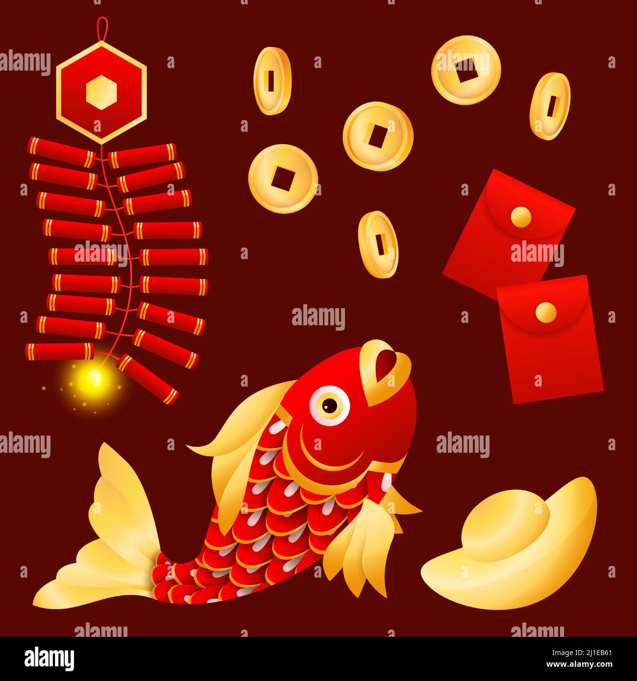 Lunar New Year fish. Coin, money, red wallets, petards. New Year concept. Realistic vector illustration can be used for topics like Chinese symbols, p Stock Vector