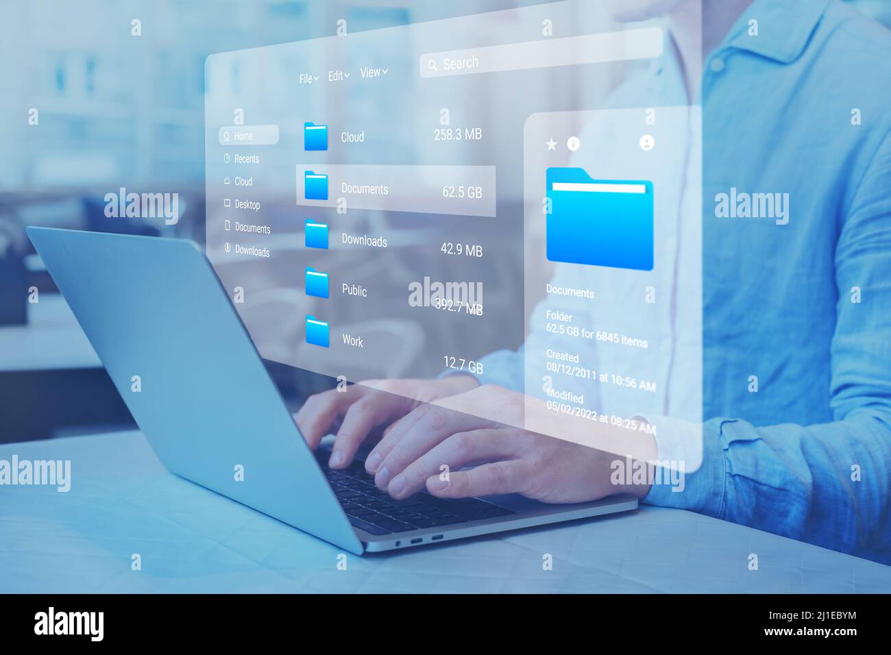 Document management system (DMS) and file manager used to browse folders on computer. Exploring directories on hard drive. Business data and process. Stock Photo