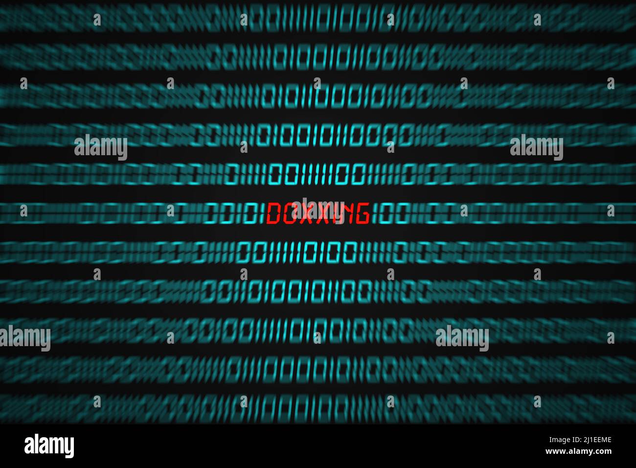 Red word 'Doxxing' hidden in the middle of a binary code sequence. Stock Photo