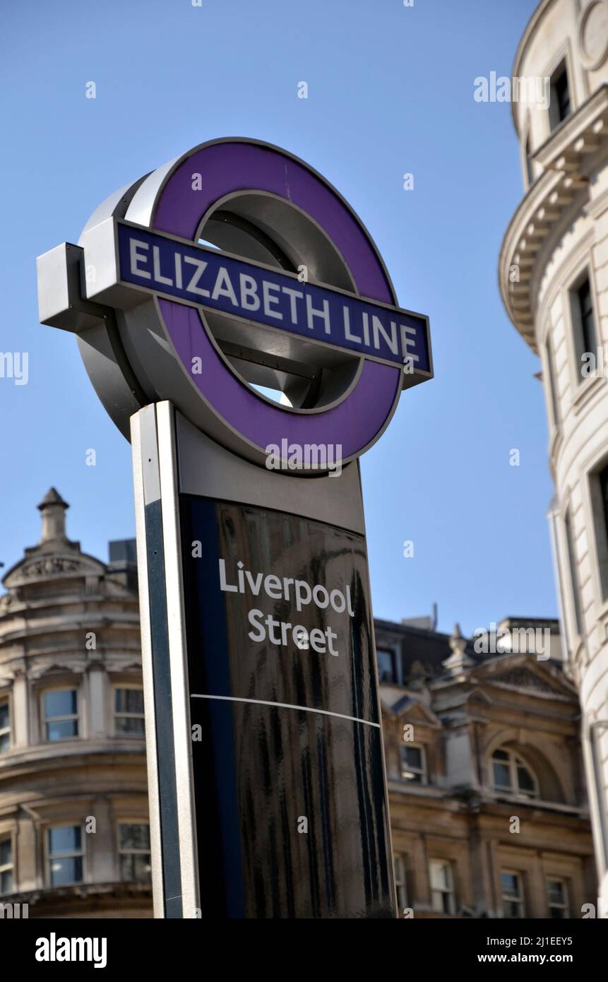 A sign for for new Elizabeth Line underground station at Liverpool Street in London Stock Photo