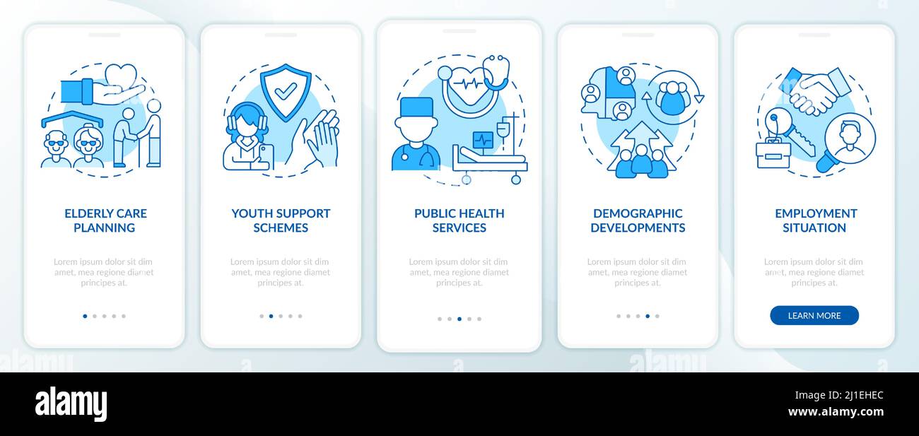 Social planning examples blue onboarding mobile app screen Stock Vector ...