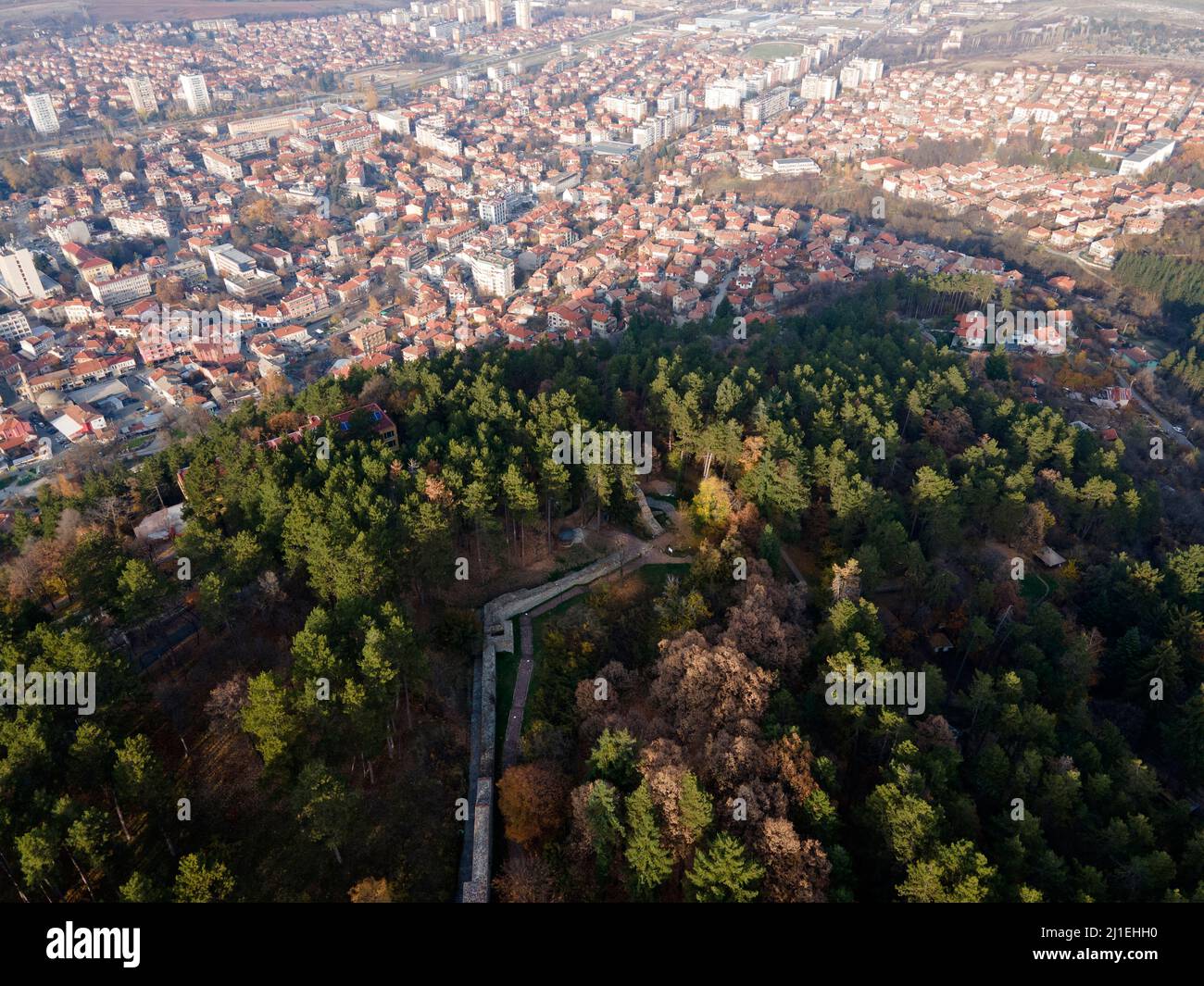 Aerial view of Ruins of the late antique Fortress Hisarlaka near town ...