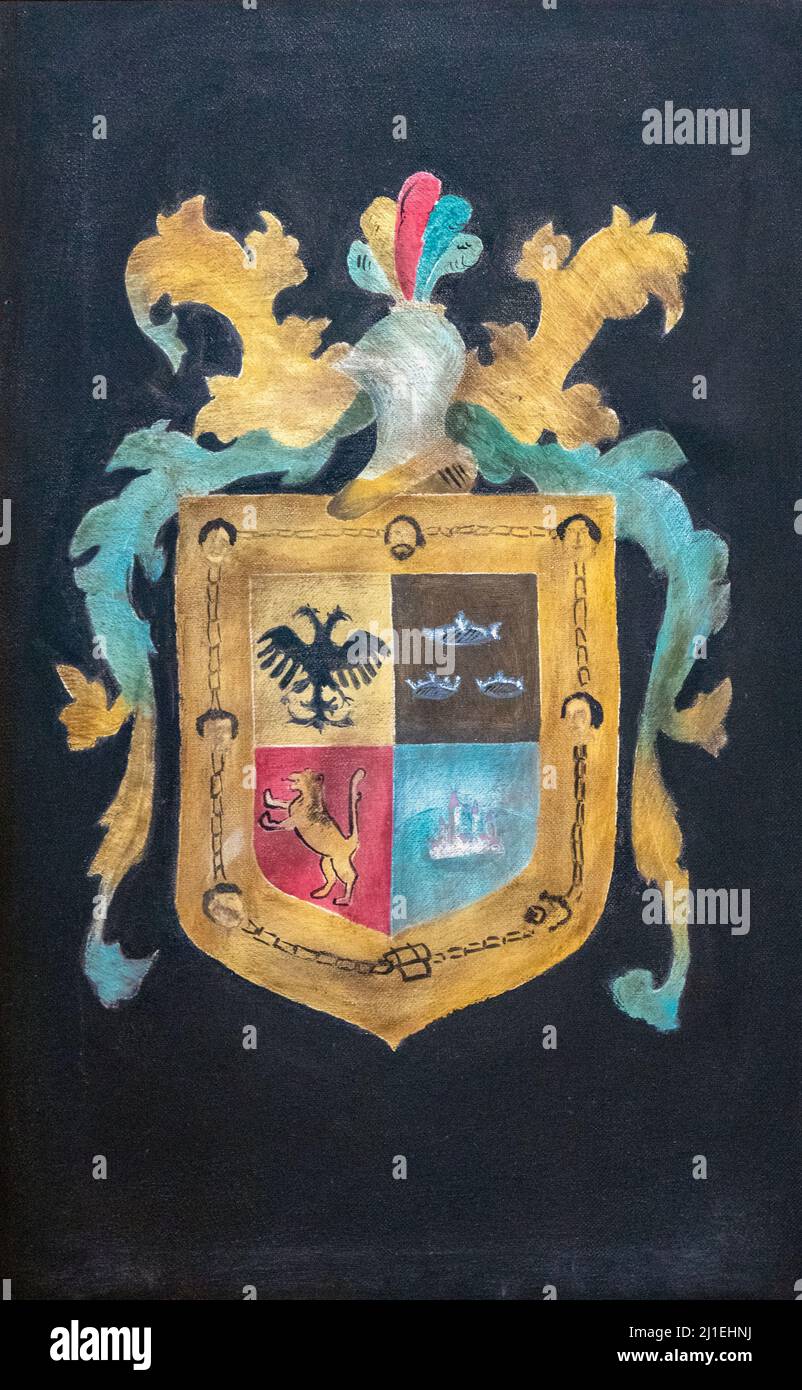 Coat of arms of Spanish conquistador Hernan Cortes.  La Rabida Monastery, Palos de la Frontera, Huelva Province, Andalusia, southern Spain.  The monas Stock Photo