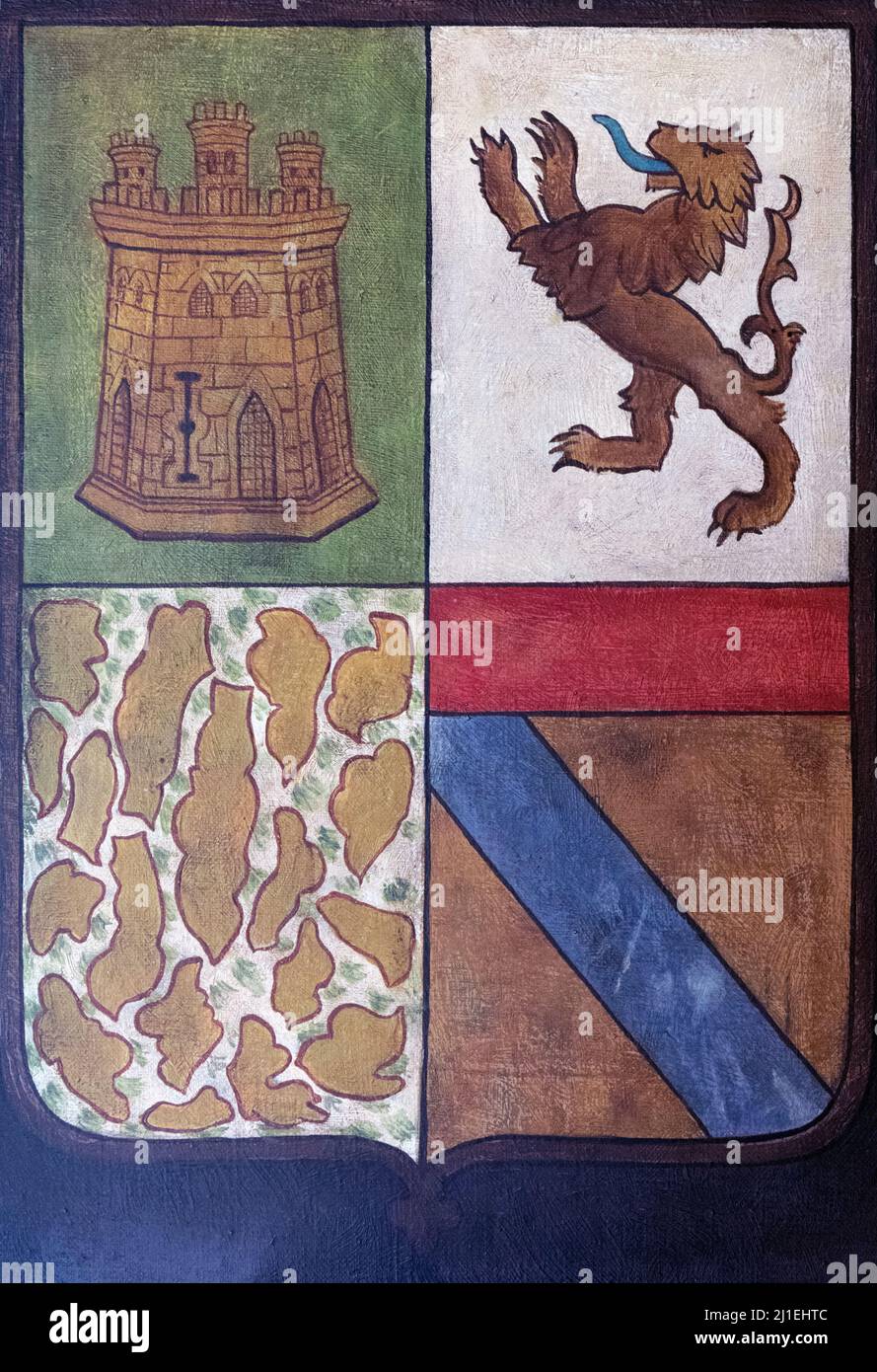 Coat of arms of Christopher Columbus.  Please note that there exist various versions of this coat of arms.  La Rabida Monastery, Palos de la Frontera Stock Photo