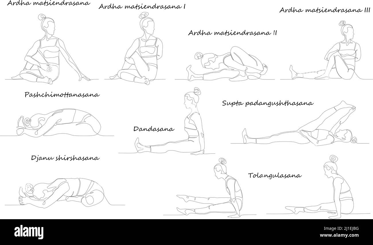 Set of slim athletic young woman doing yoga and fitness. Healthy lifestyle. Collection of one line drawn female characters demonstrating different yog Stock Photo