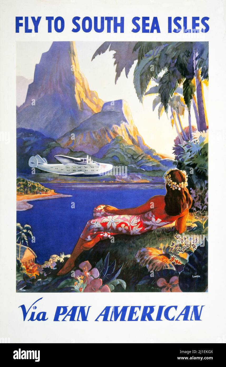 Vintage travel poster - Fly to South Sea isles via Pan American. 1938. Artwork by Lawler. Stock Photo