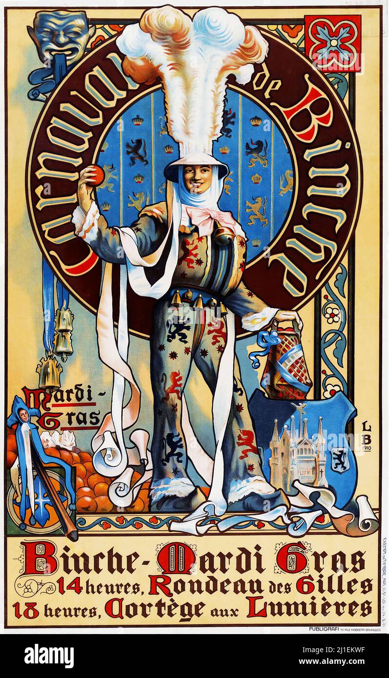 Vintage poster - Advertising Poster (National Railway Company of Belgium,  1910). Railway Station Poster. Binche Mardi Gras. C 1919. Louis Buisseret  Stock Photo - Alamy