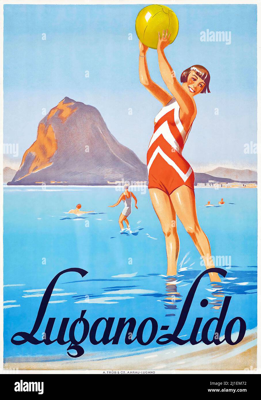 Vintage travel poster - Lugano-Lido. Sunbathing, beach. Anonymous artist. 1930s poster. Stock Photo