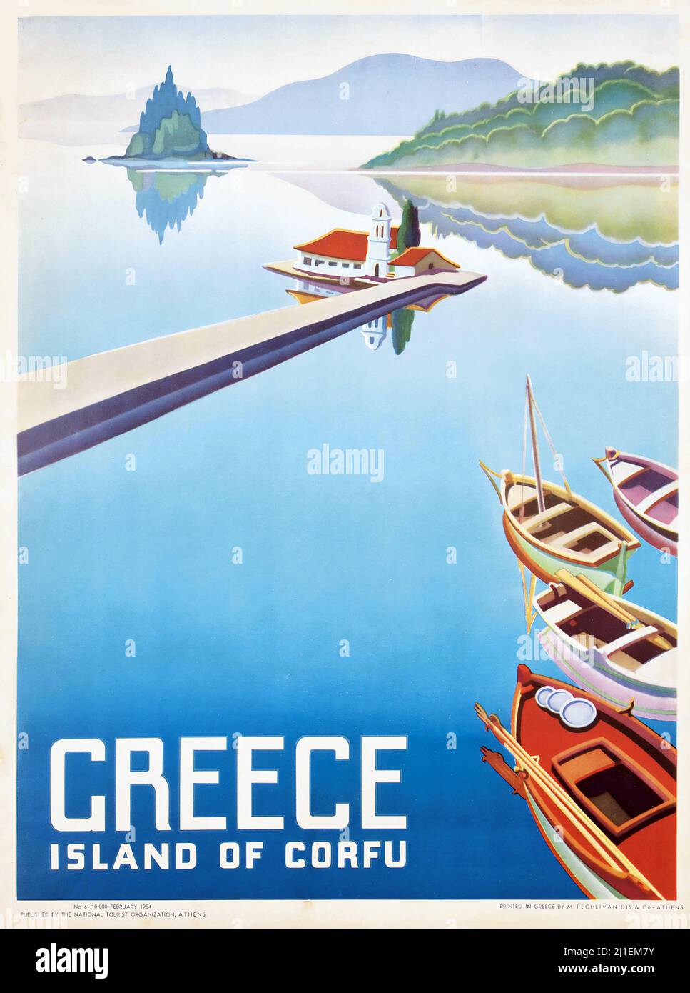 Vintage travel poster - Anonymous artist - GREECE, Island of CORFU. 1954. Stock Photo
