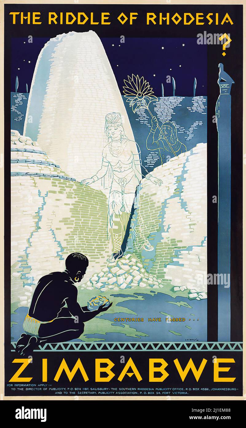 Vintage travel poster - A.W. Baylis - ZIMBABWE, THE RIDDLE OF RHODESIA Stock Photo