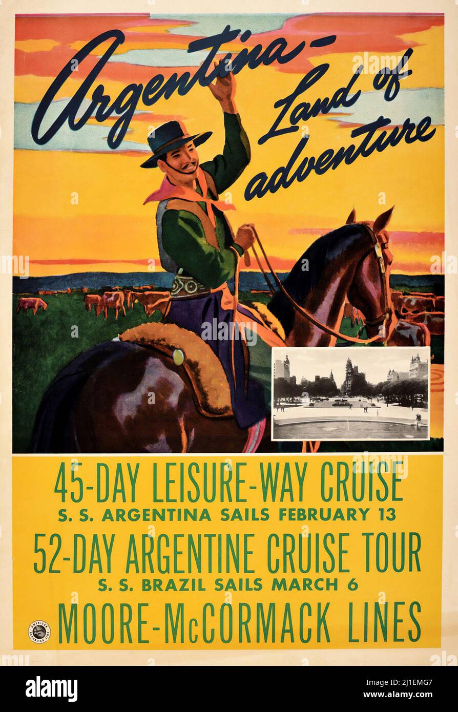 Vintage travel poster - Vintage Poster Argentina Land Of Adventure Travel South America Cruise, 1950s. A gaucho on a horse in the sunset. SS Brazil. Stock Photo