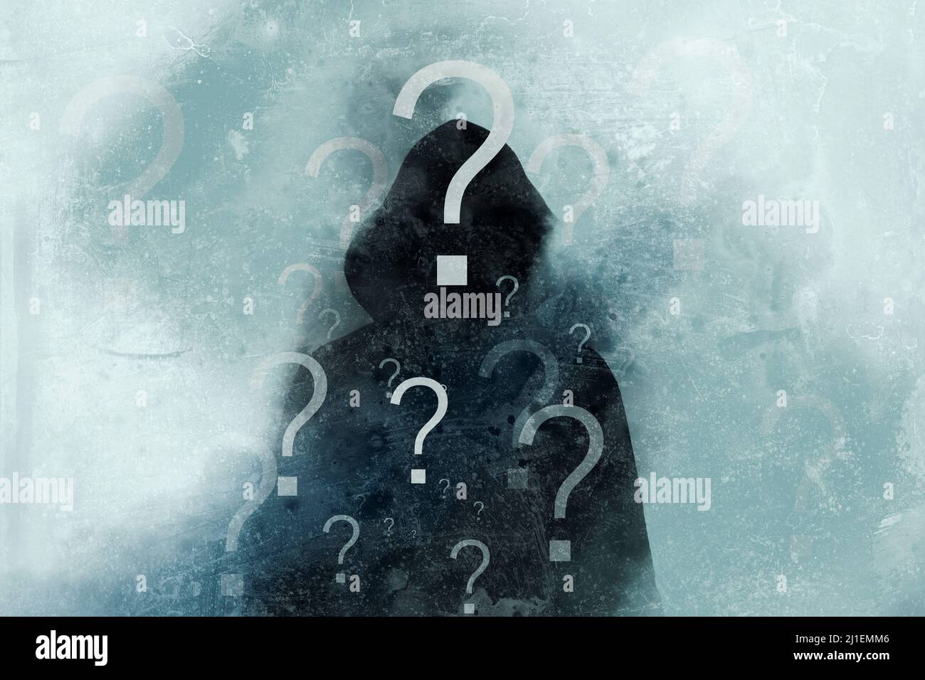 Choices and mental health concept of a hooded figure covered in question marks with a grunge, abstract edit Stock Photo