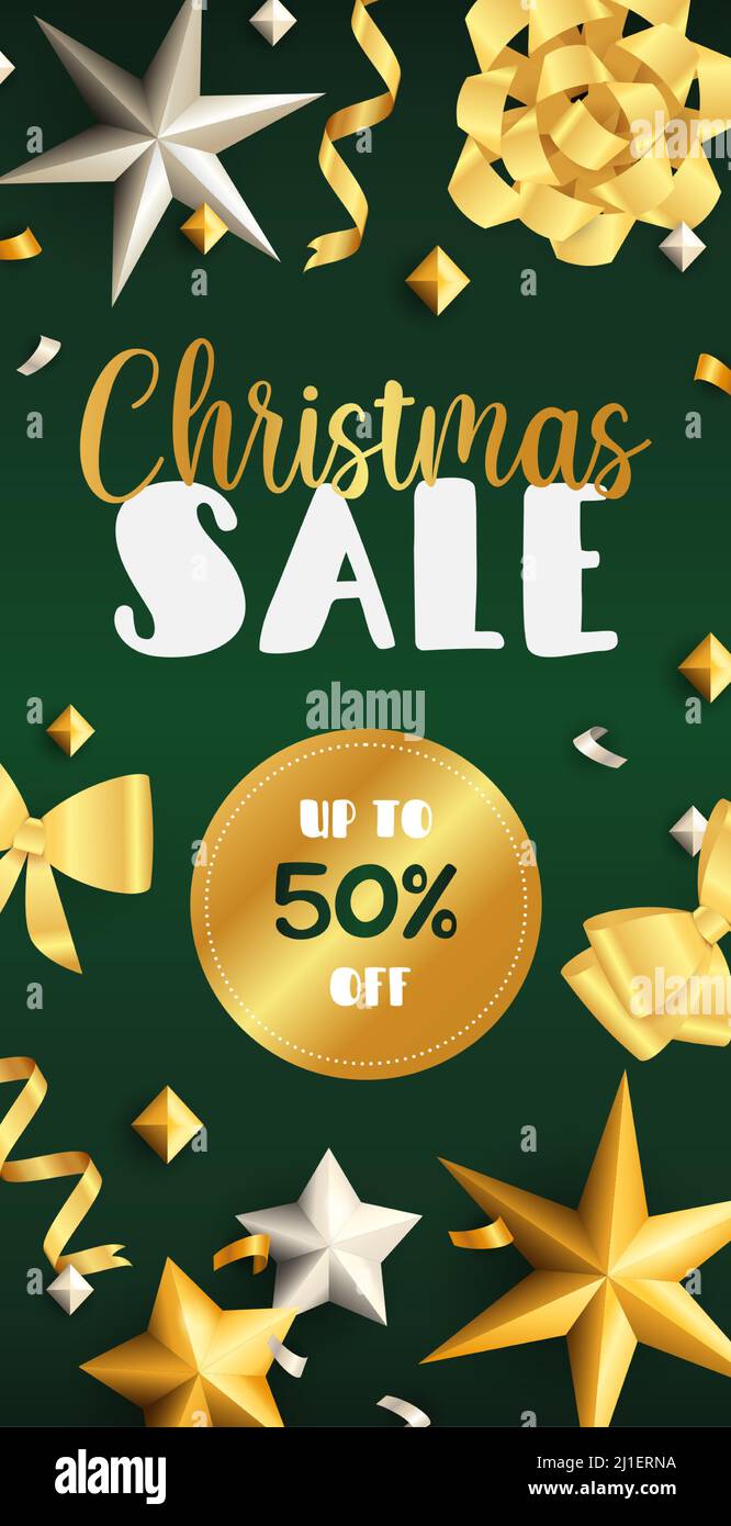 Christmas Sale flyer design with golden ribbons, streamer and stars on dark green background