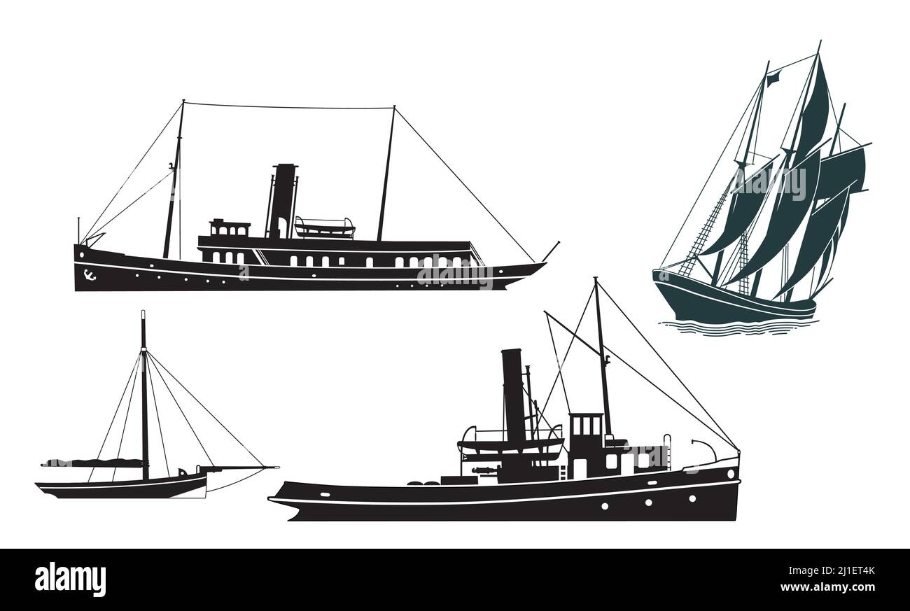 Steamships and Sailing ship,, isolated on white, illustration Stock Vector