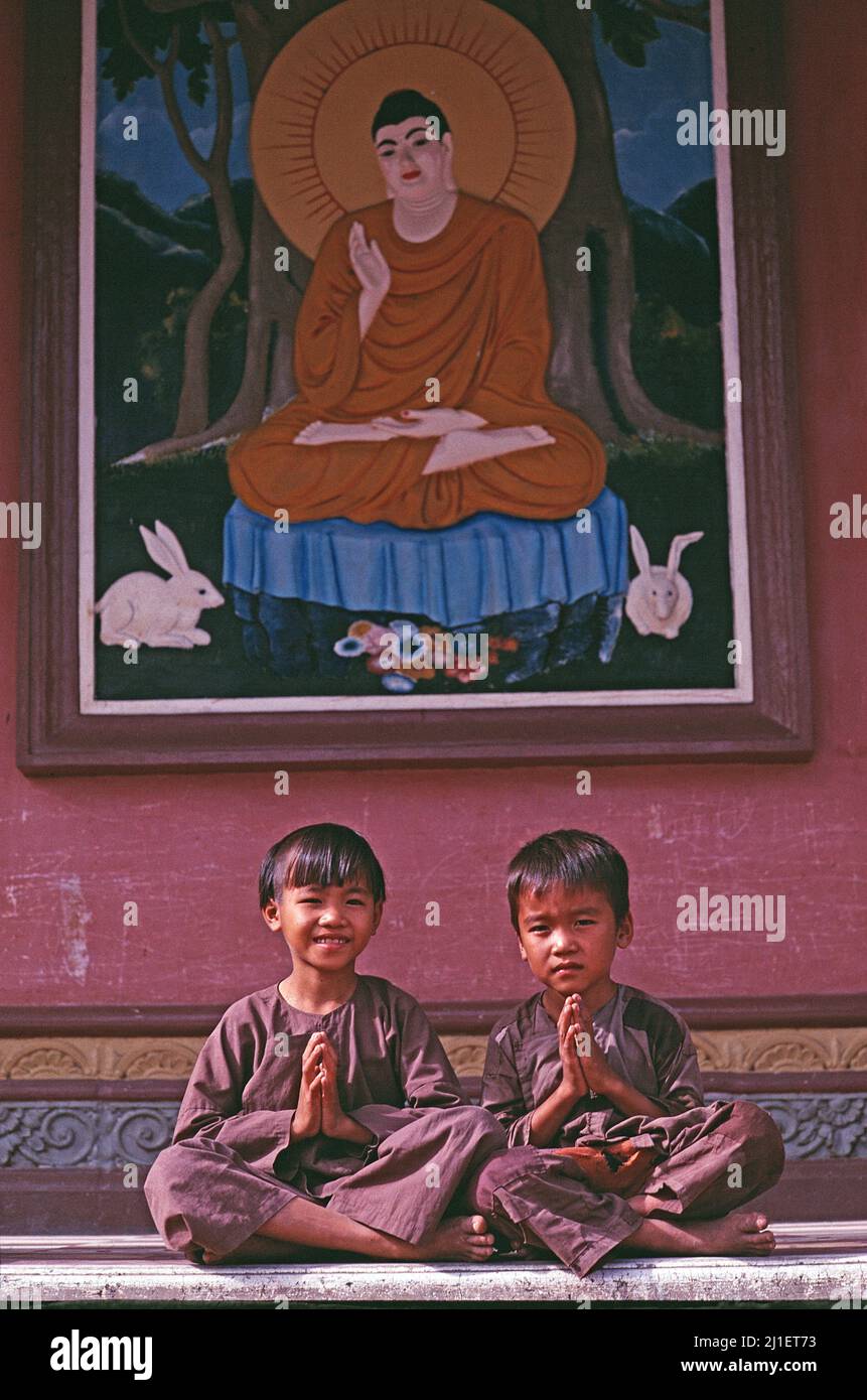 Vietnam. Mekong Delta. Chau Doc. Tay An Pagoda. Vietnamese children. Two boys. Novice monks. Stock Photo