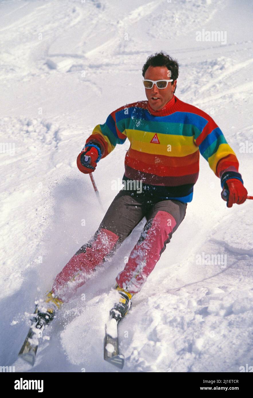 Australia. Snow skiing. Young man downhill skiing. Stock Photo