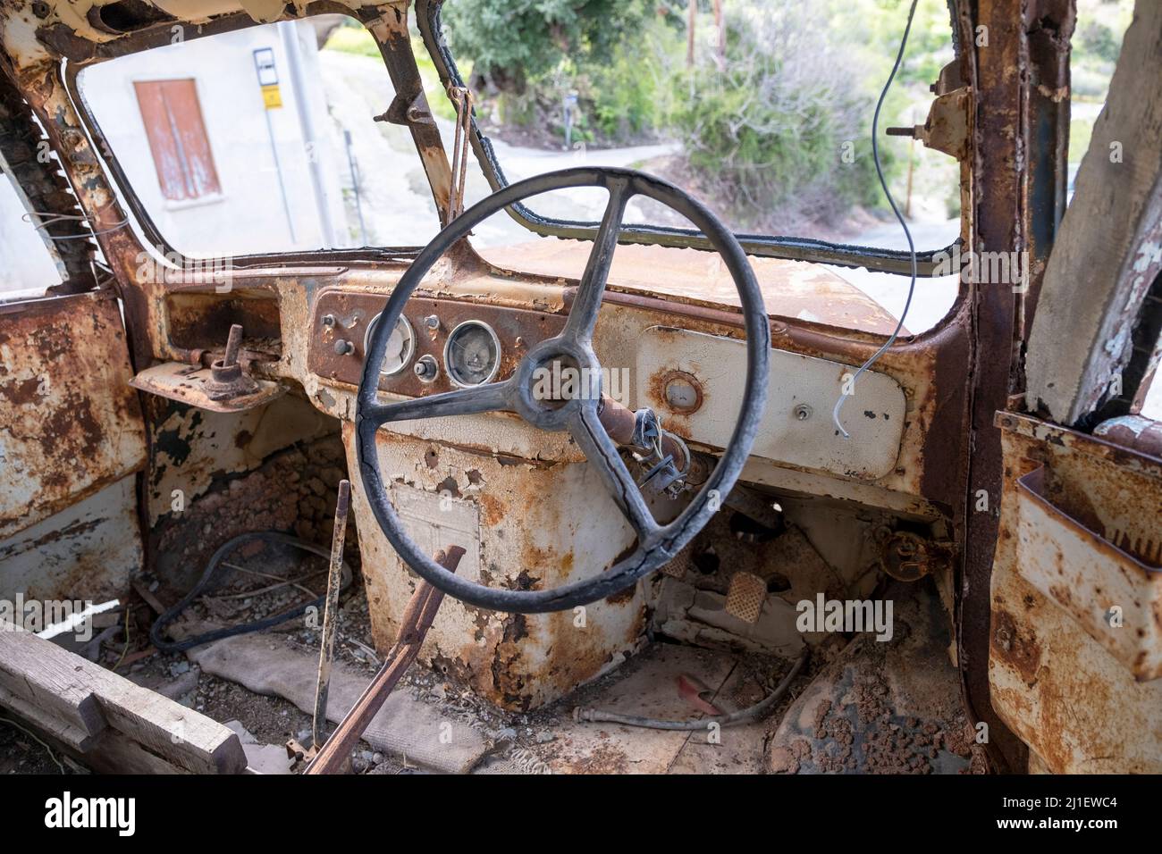 Abandoned bus on the roadside, Paphos region, Republic of Cyprus. Stock Photo