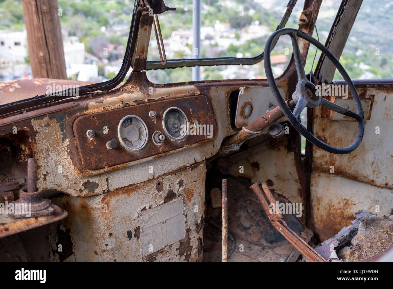 Abandoned bus on the roadside, Paphos region, Republic of Cyprus. Stock Photo