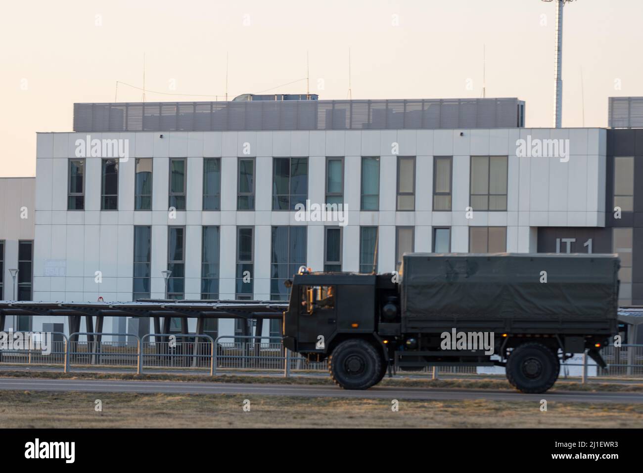The United States and Nato build up military assets at the Border town of Rzeszow close to the Ukrainian border, in Rzeszow, Subcarpathian Voivodeship Poland on March 24, 2022.  On February 24, 2022 Russian forces invaded Ukraine. (Photo by Simon Jankowski/Sipa USA) Stock Photo