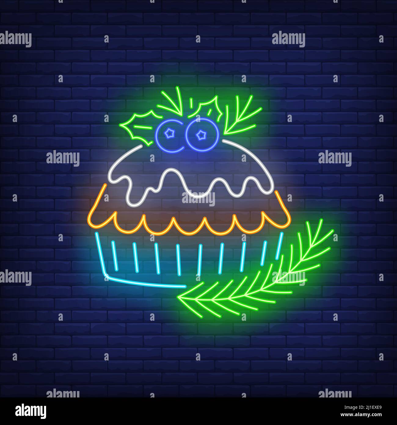 Christmas pie neon sign. Blueberry, mistletoe, bakery. Vector illustration in neon style for topics like Xmas, dessert, traditional dinner Stock Vector