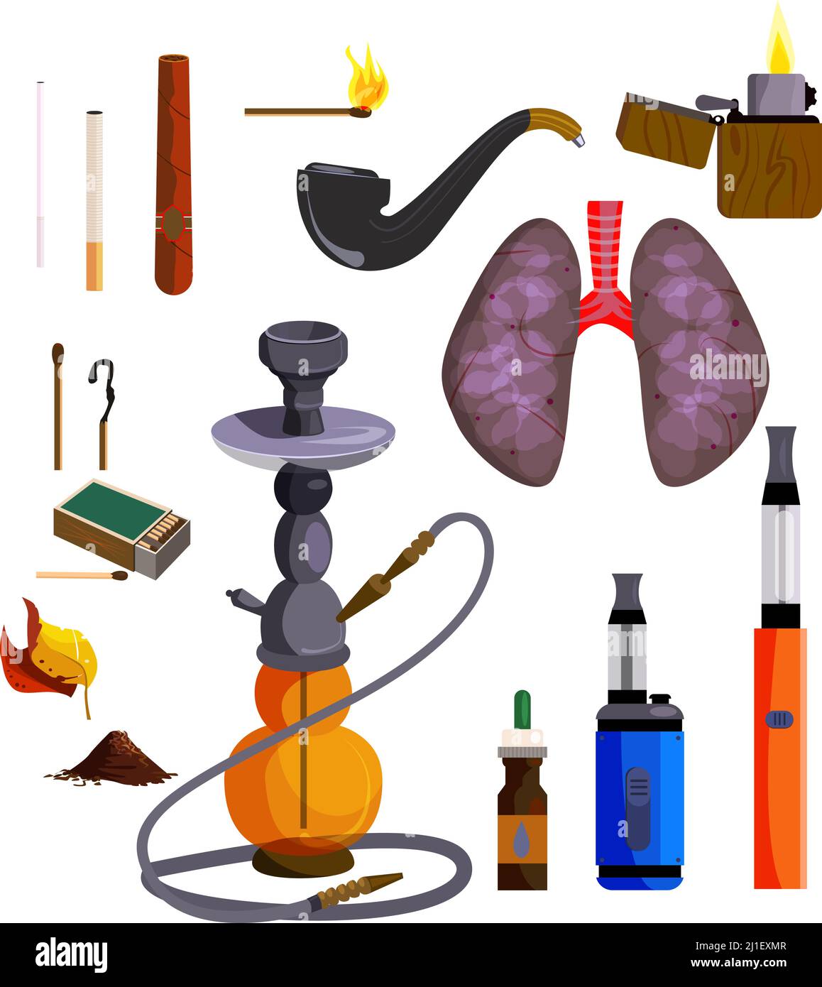 Smoking devices icons set. Vector icons collection on white background, Hookah, lungs, cigar, cigarette. Smoking concept. Illustration can be used for Stock Vector