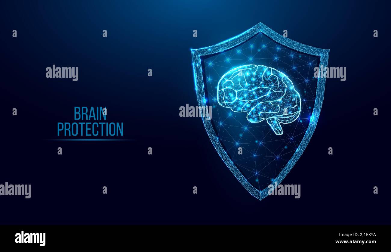 Human brain in guard shield. Cyber security concept with glowing low poly brain and shield on dark blue background. Wireframe low poly design. Abstrac Stock Vector