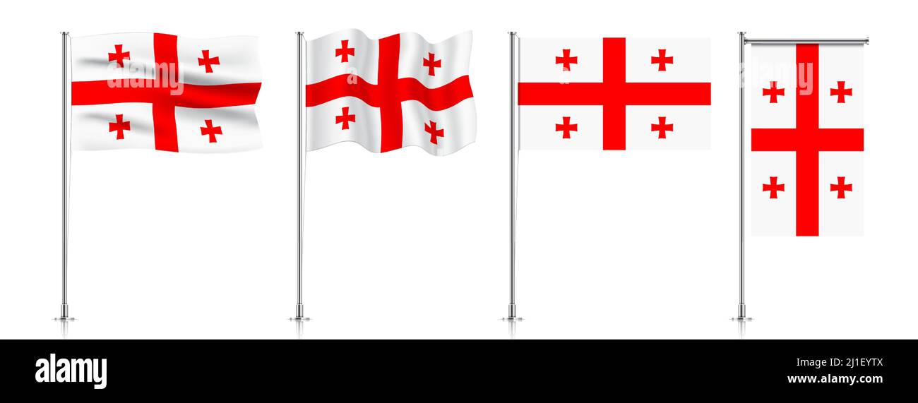 Vector set of Georgia flags on a metallic pole, isolated on a white background. Stock Vector