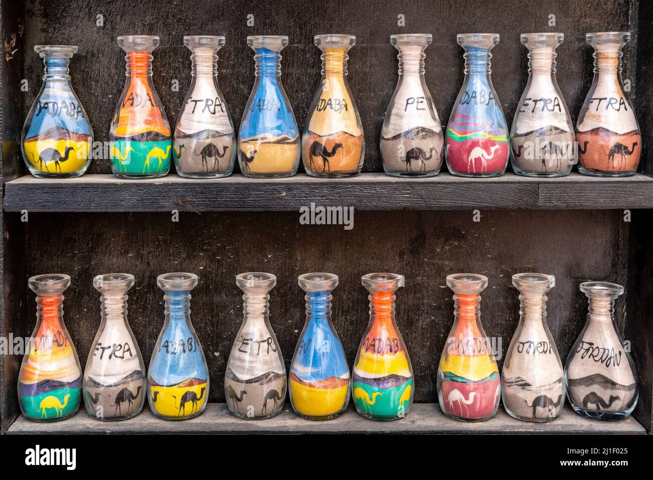Colourful Sand Bottle Souvenirs For Sale, Madaba, Madaba Governorate, Jordan. Stock Photo