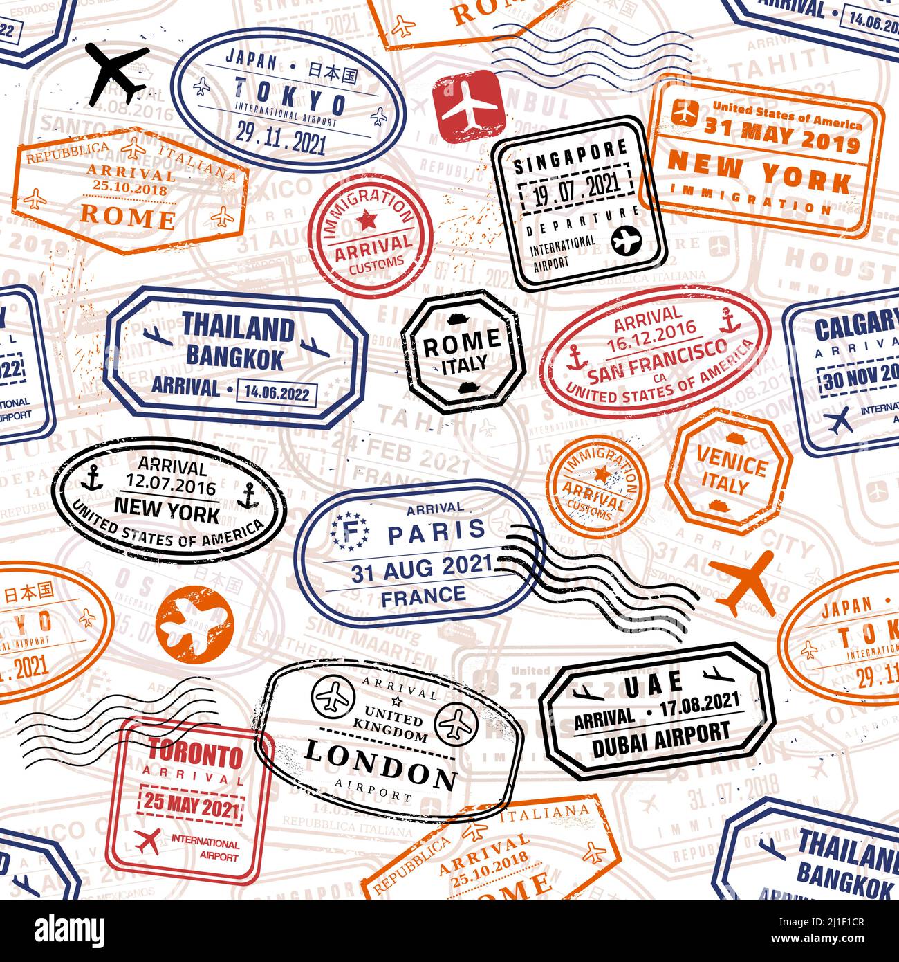 Passport stamps seamless texture. Vector passport stamp vintage style