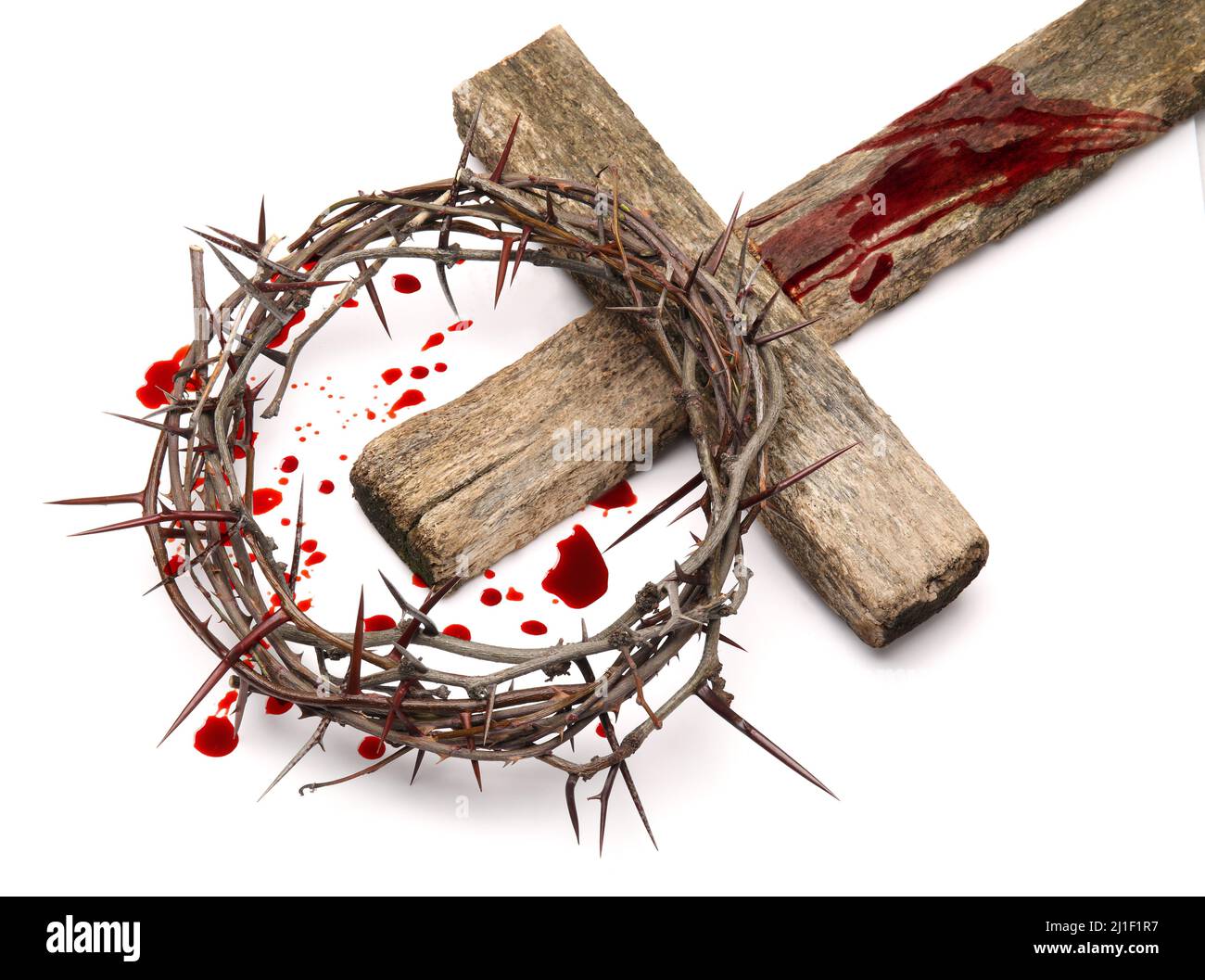 Crown of thorns, wooden cross and blood drops on white background. Jesus  Christ's sacrifice and atonement of our sins Stock Photo - Alamy