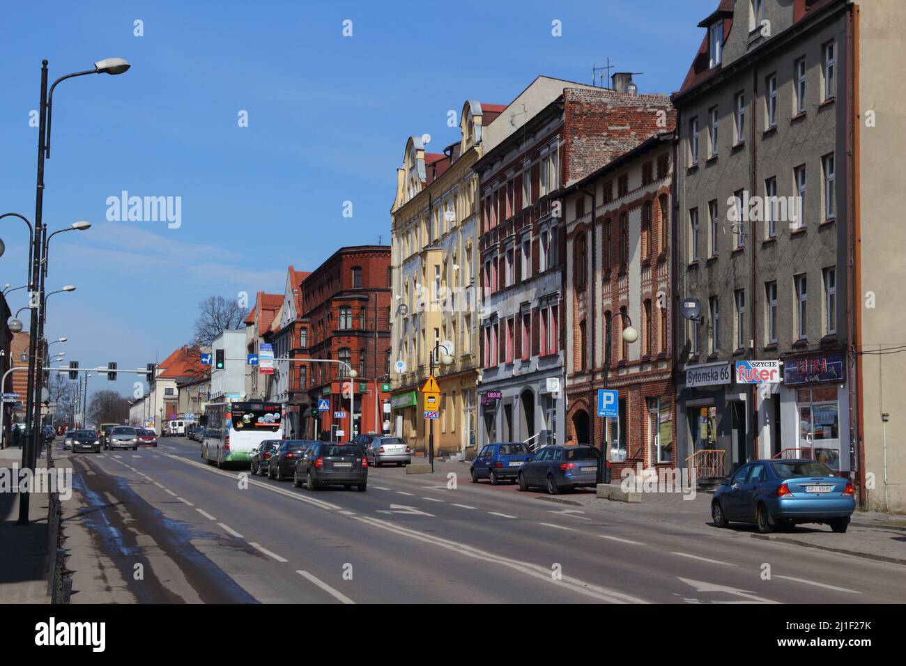 PIEKARY SLASKIE, POLAND - MARCH 9, 2015: Traffic in Piekary Slaskie, Poland. Piekary Slaskie is an important city in Slaskie region. Stock Photo