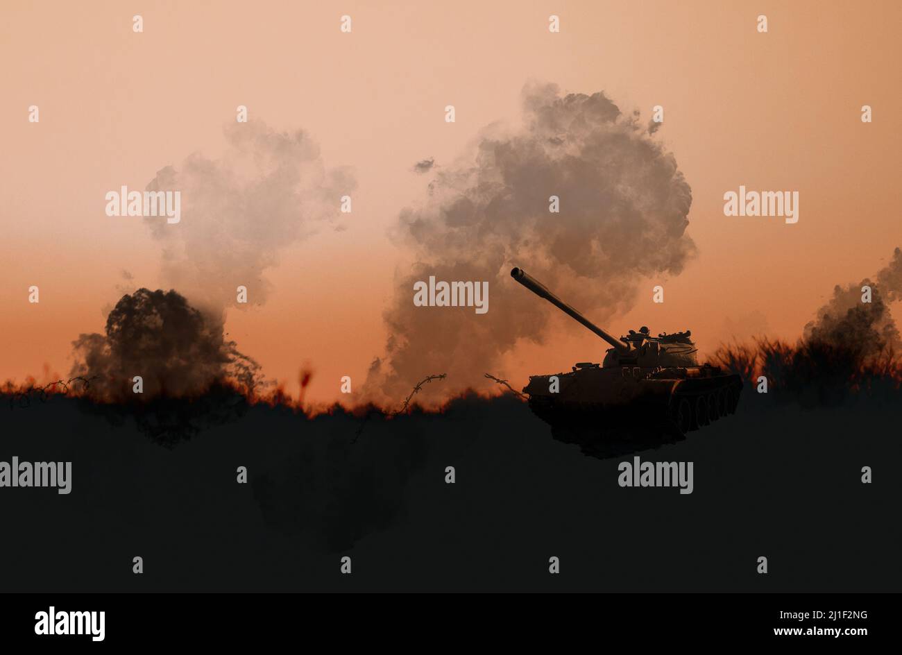 Silhouette of Russian armor on a battlefield Stock Photo