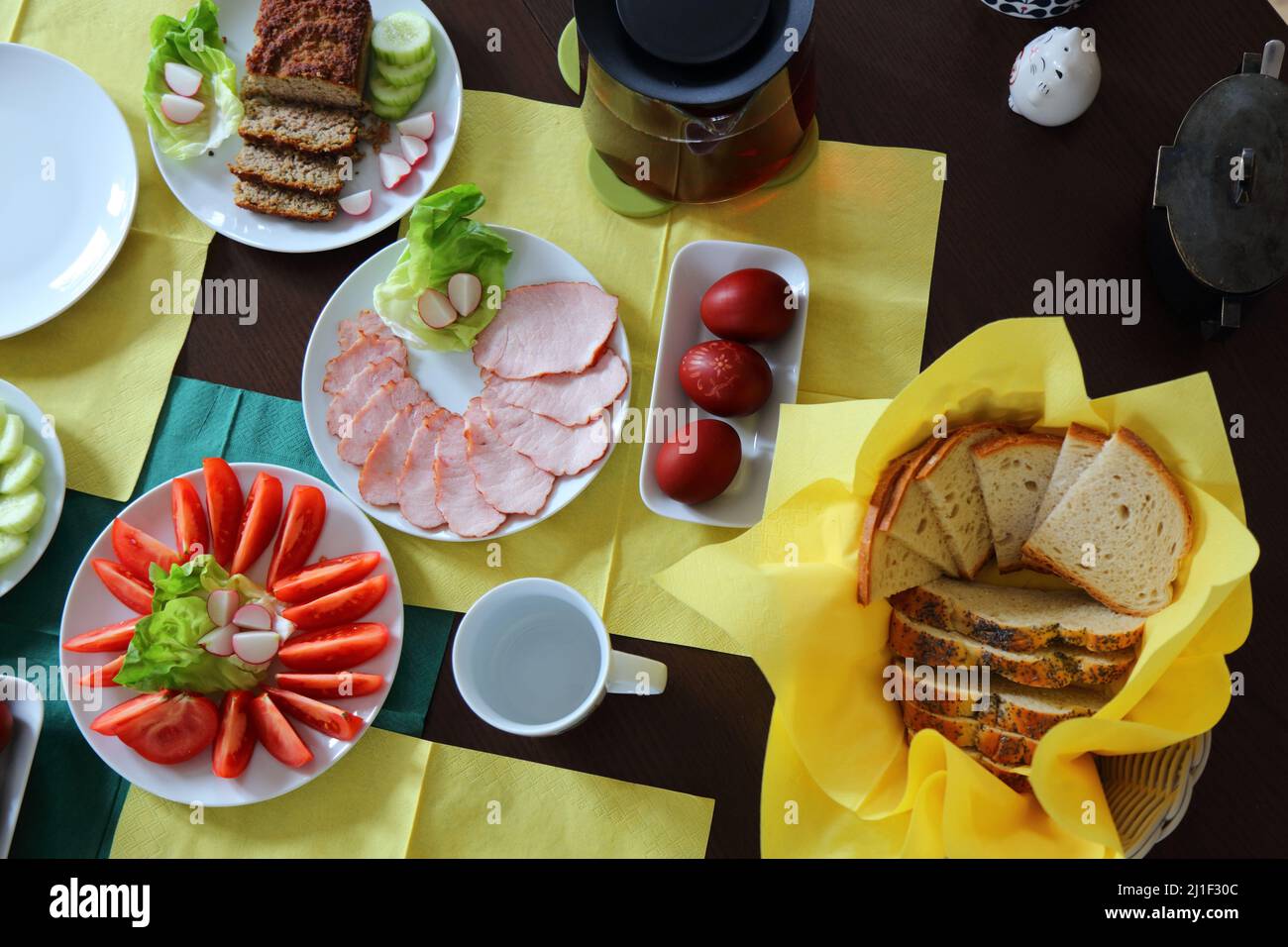 Easter breakfast table in Poland. Easter foods in Europe. Easter in Poland - Wielkanoc. Stock Photo