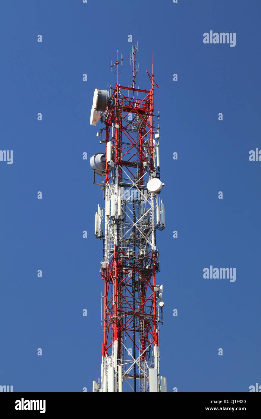 base station in Poland. Cell tower sector antennas. Mobile 5G