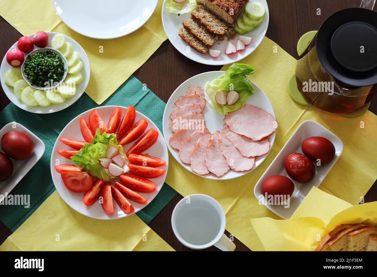Easter breakfast table in Poland. Easter foods in Europe. Easter in