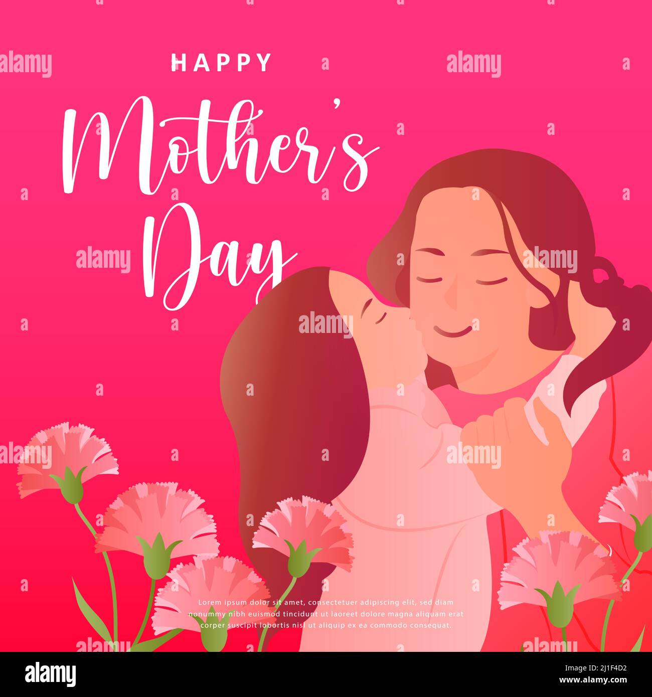 Happy mother's day cartoon daughter kissing mom carnation flower Stock ...