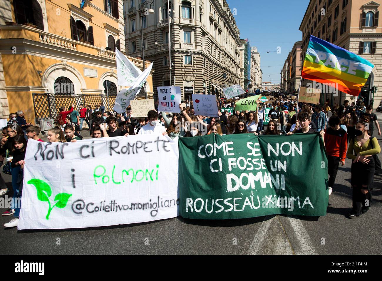 Rome, Italy. 25th Mar, 2022. Today, Fridays for Future Rome - supported by various other environmentalist organizations and movements - held a demonstration in central Rome called Global Strike For Climate. The aim of the rally was to call the Italian Government and all the world Governments, to act for an immediate plan, investments and policies against the so called climate changes and the consequent climate crisis. Stock Photo