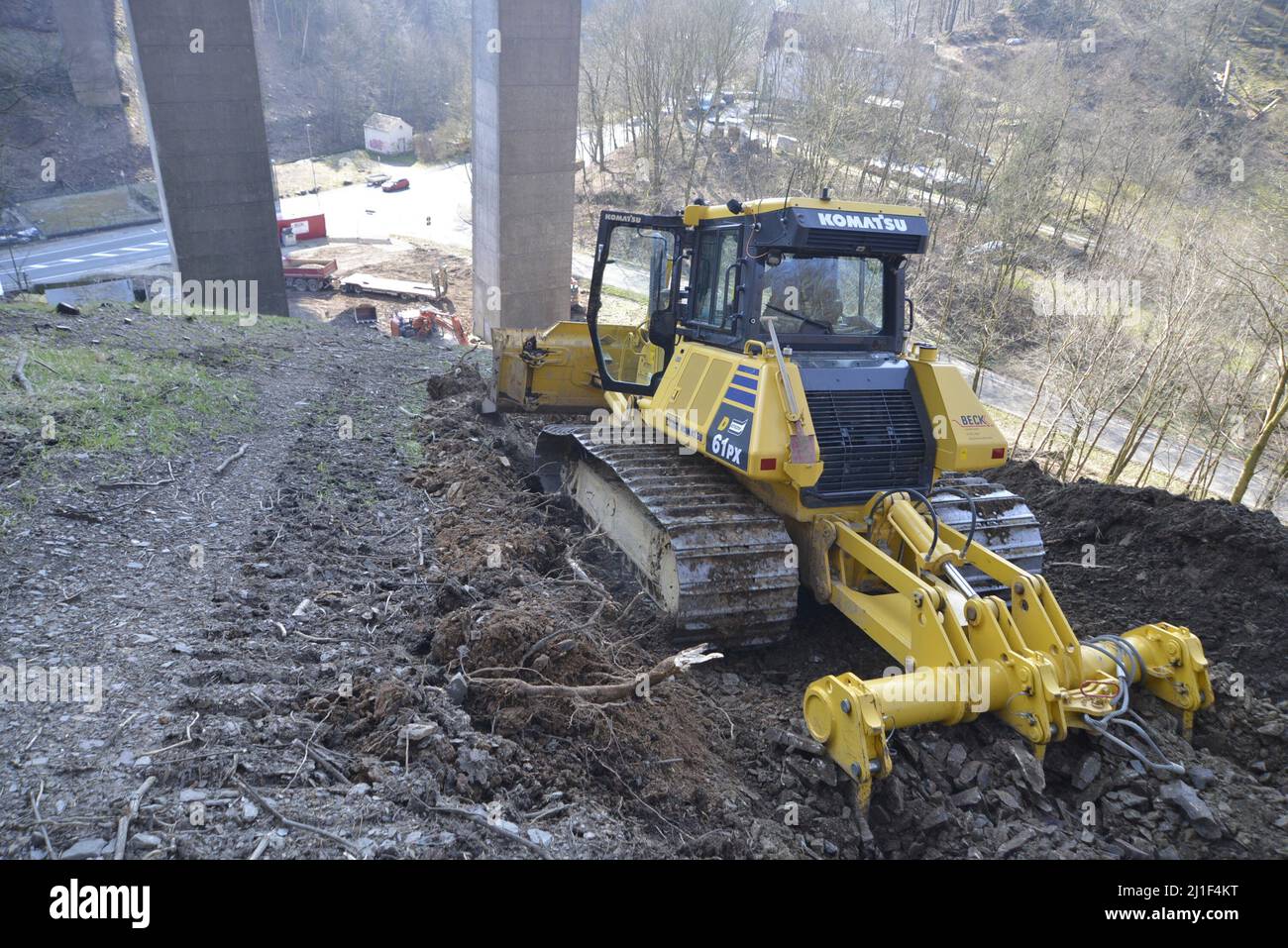 24 March 2022, North Rhine-Westphalia, Lüdenscheid: Earthworks by an excavator under the structure were stopped after just a few hours. According to Autobahn GmbH, the planned new construction of the dilapidated A45 bridge near Lüdenscheid must take into account the hibernation of the dormouse. (to dpa: 'Earthworks on A45 bridge after hibernation of the dormouse') Photo: Cornelius Popovici/dpa Stock Photo