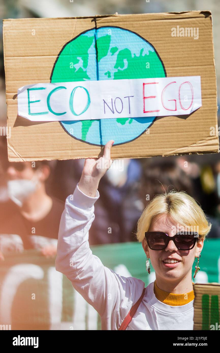 Rome, Italy. 25th Mar, 2022. Today, Fridays for Future Rome - supported by various other environmentalist organizations and movements - held a demonstration in central Rome called Global Strike For Climate. The aim of the rally was to call the Italian Government and all the world Governments, to act for an immediate plan, investments and policies against the so called climate changes and the consequent climate crisis. Stock Photo