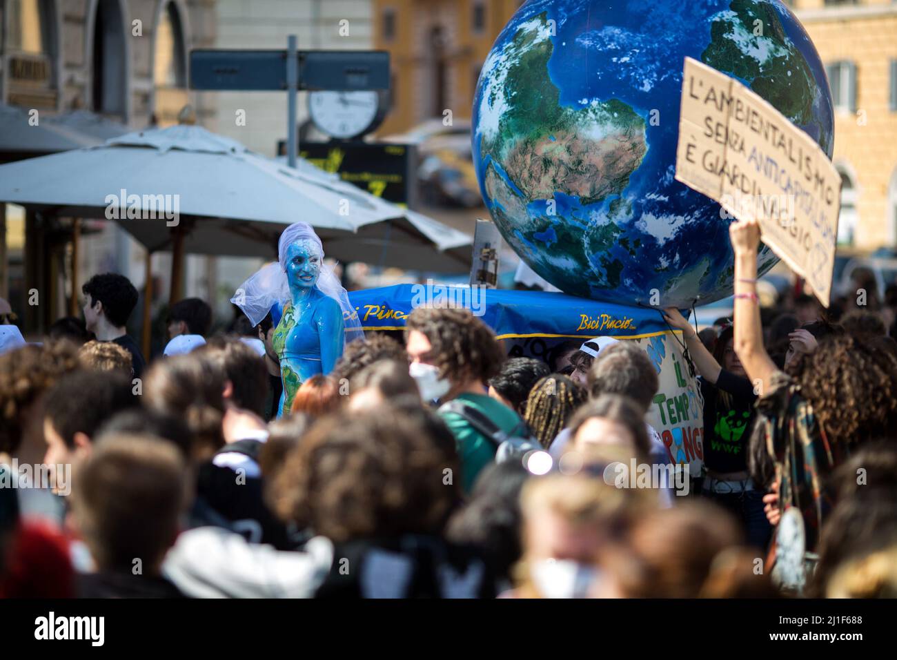 Rome, Italy. 25th Mar, 2022. Today, Fridays for Future Rome - supported by various other environmentalist organizations and movements - held a demonstration in central Rome called Global Strike For Climate. The aim of the rally was to call the Italian Government and all the world Governments, to act for an immediate plan, investments and policies against the so called climate changes and the consequent climate crisis. Stock Photo