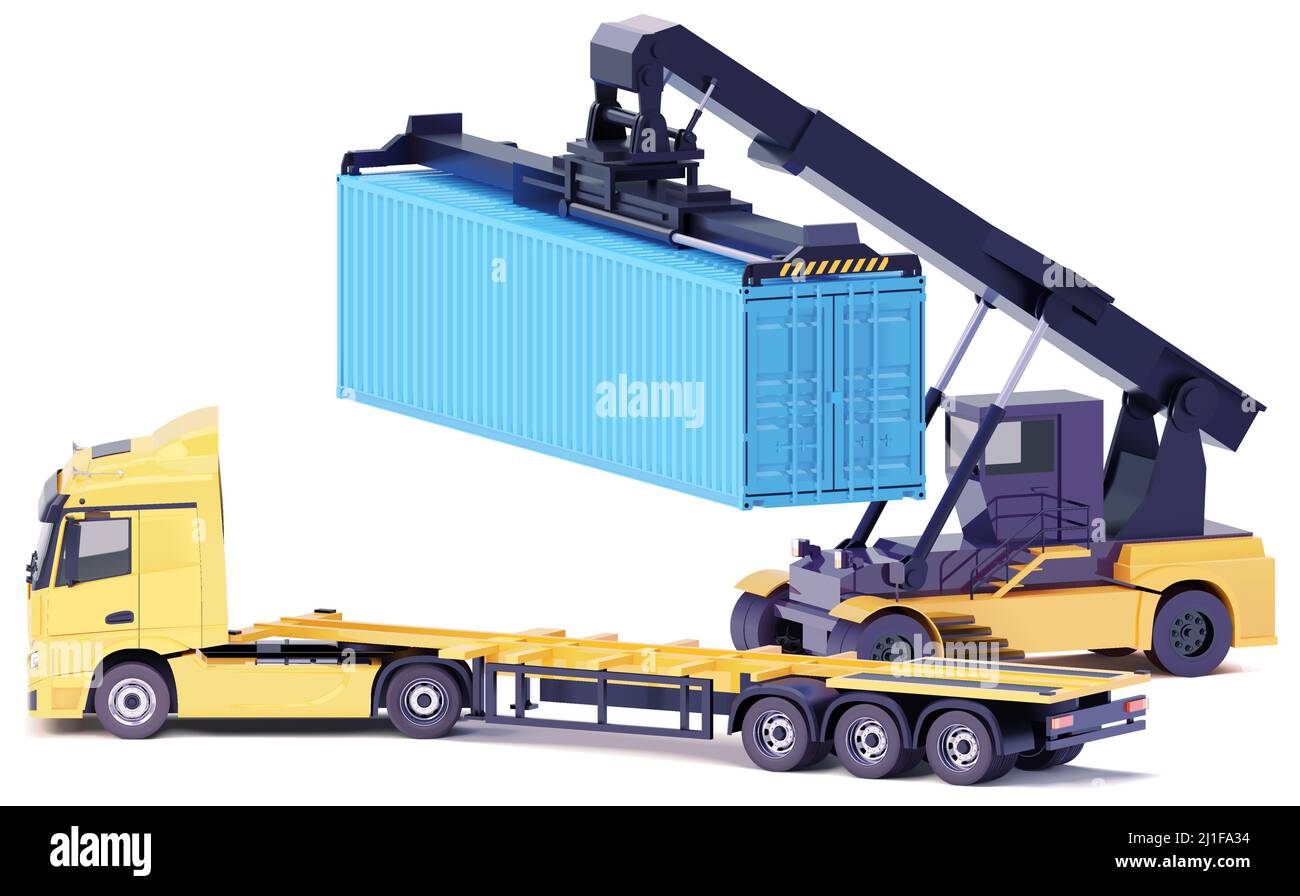 Vector reach stacker or container loader loading truck with semitrailer. Crane lifting maritime intermodal cargo container over semi-trailer. Stock Vector