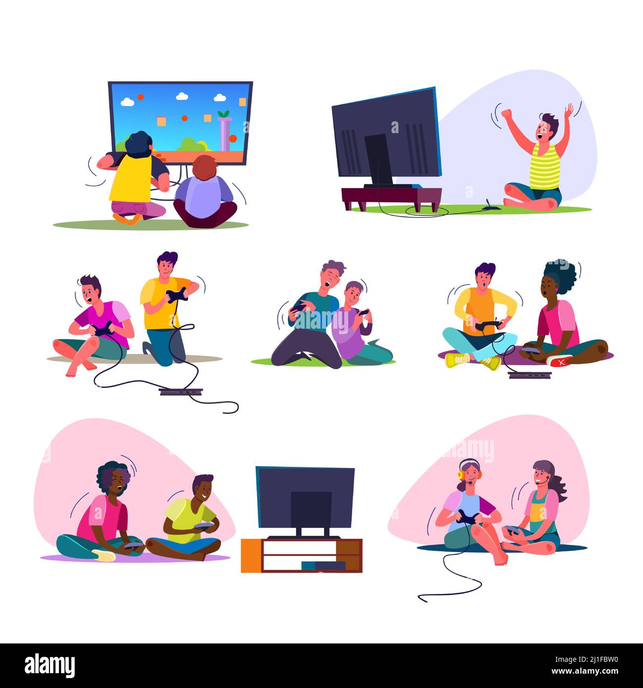 Excited video gamers set. Teenagers playing videogames, sitting at TV, using console, controller, gamepad, shouting. People concept. Vector illustrati Stock Vector