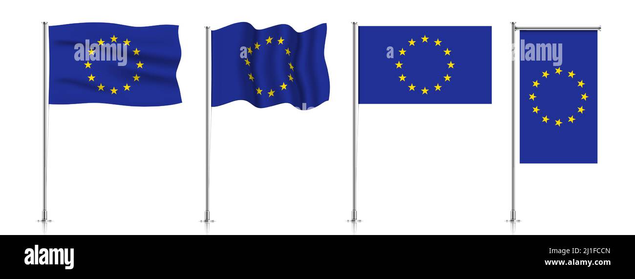 Vector set of European Union flags on a metallic pole, isolated on a white background. Stock Vector