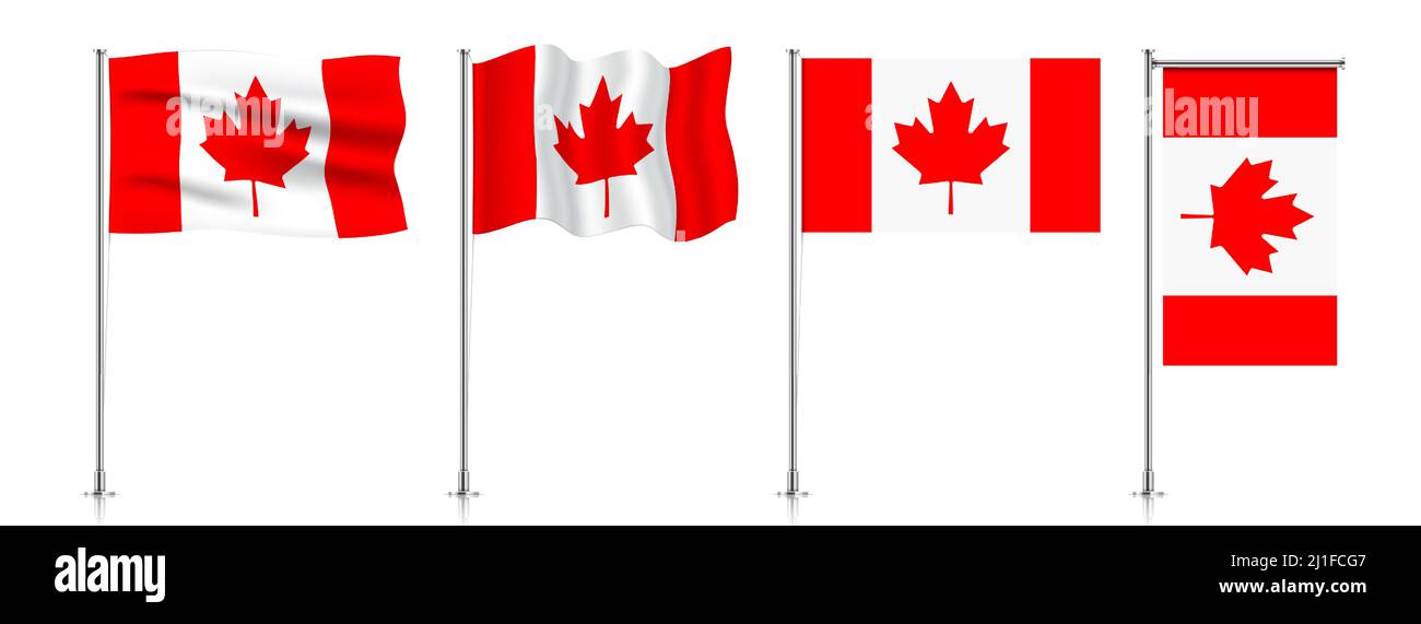 Vector set of Canada flags on a metallic pole, isolated on a white background. Stock Vector