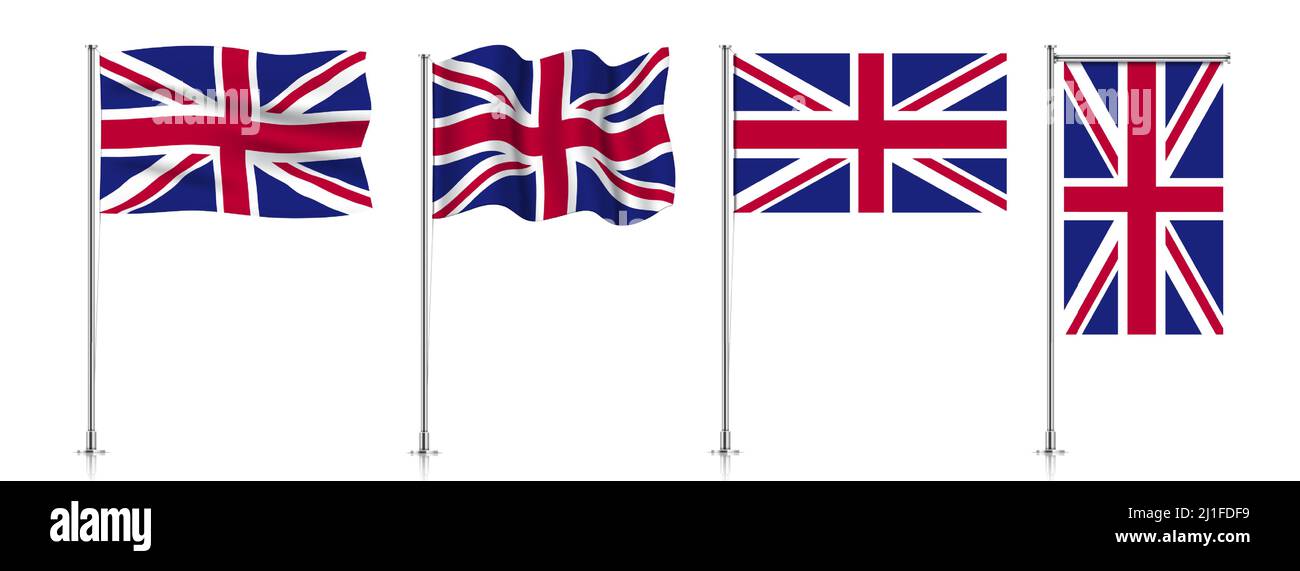 Vector set of UK flags on a metallic pole, isolated on a white background. Stock Vector