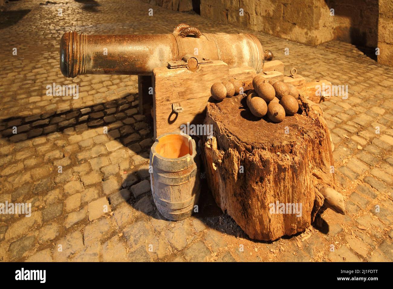 Cannon and ammunition in the casemates of Marburg Castle, Hesse, Germany Stock Photo